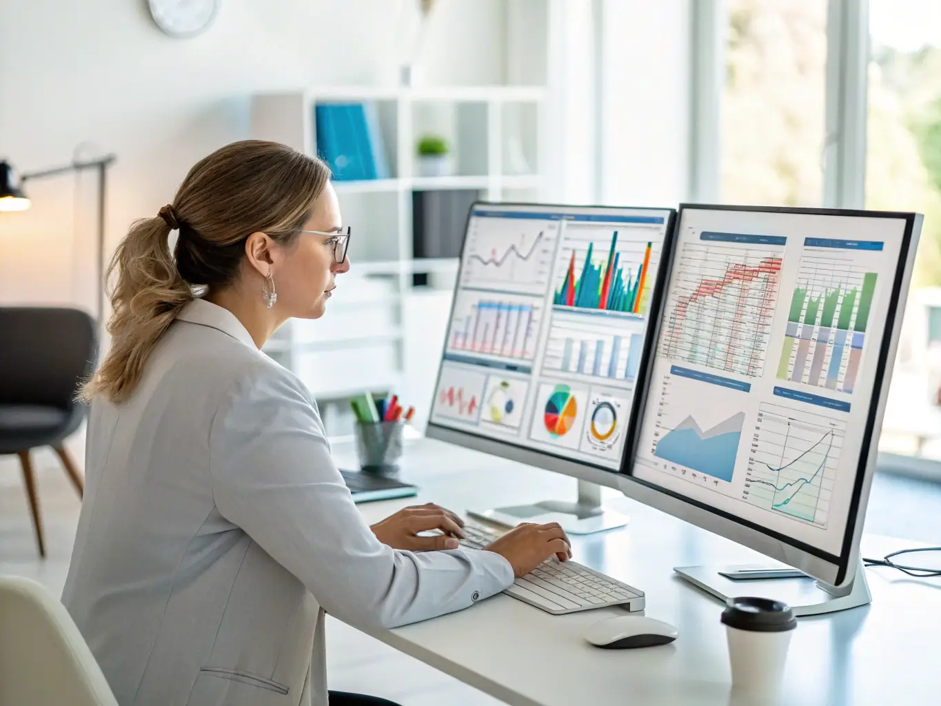 A professional photograph of a data analyst reviewing market trends on a large screen, with charts and graphs illustrating consumer behavior and market dynamics, in a modern office setting.