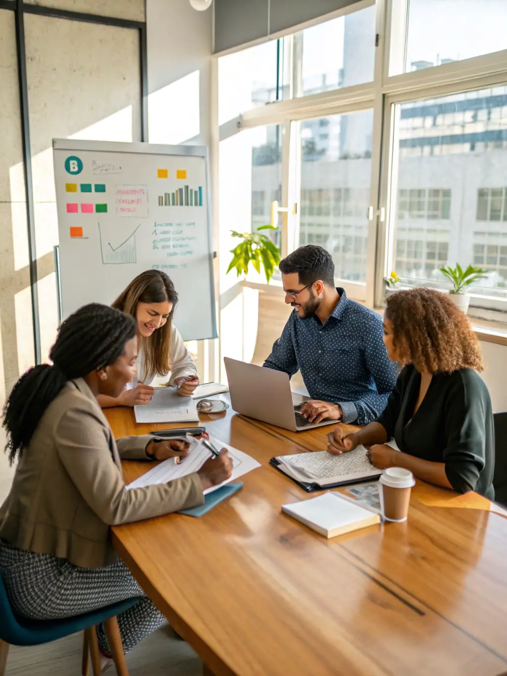 A photograph of a strategic planning meeting with team members analyzing market data and discussing trade marketing strategies, emphasizing collaboration and data-driven decision-making.